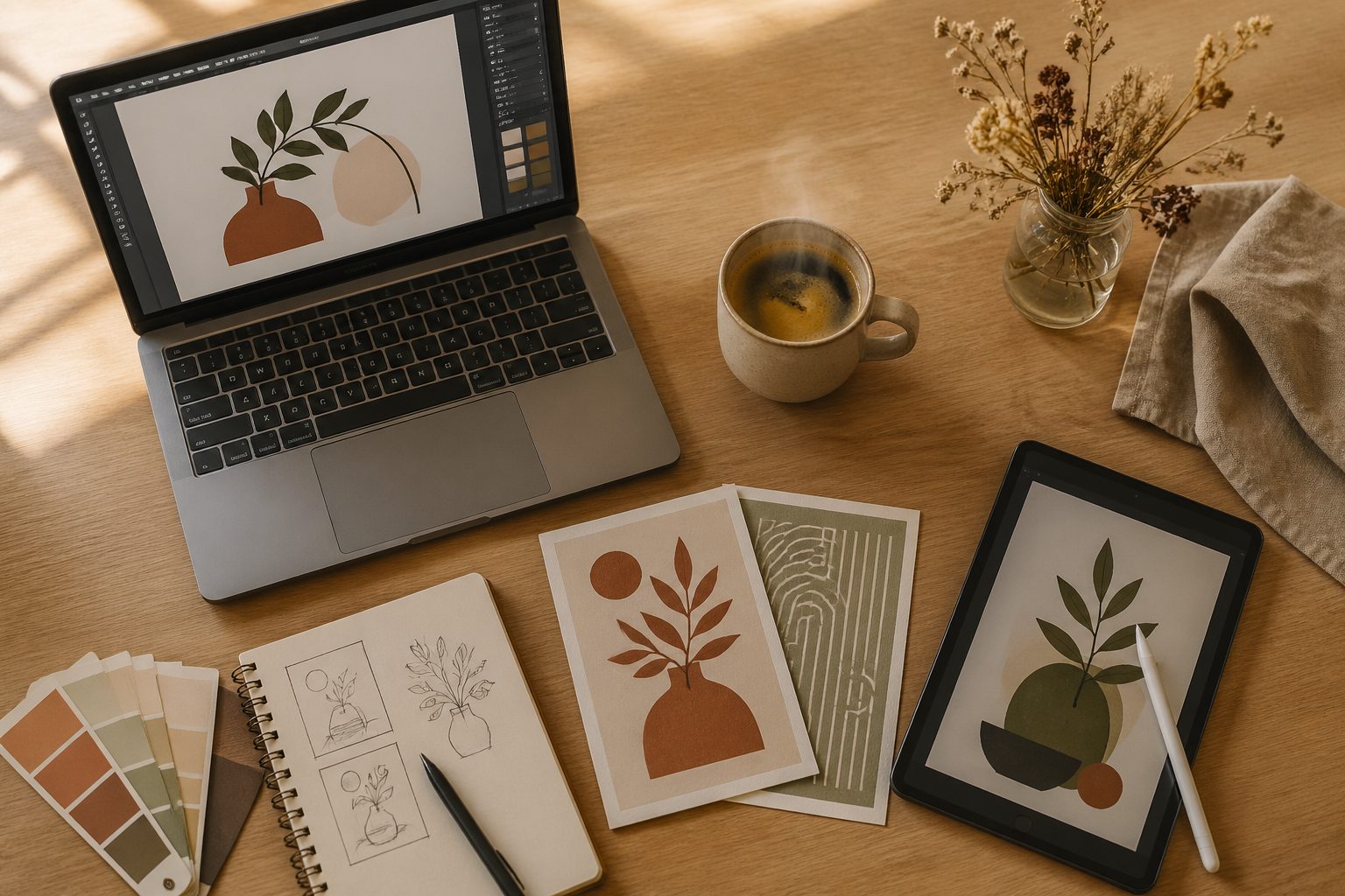 Overhead flat-lay of an Etsy seller's workspace: laptop with botanical illustration in progress, tablet, color swatches in warm earth tones, printed wall art, coffee mug, and dried wildflowers on a wooden desk