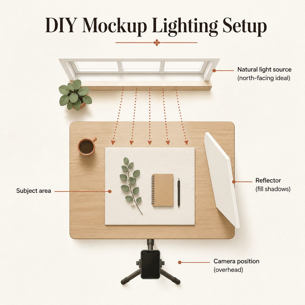Top-down diagram of a DIY mockup lighting setup: subject on a flat-lay surface, north-facing window providing natural light, white foam-board reflector opposite the window, phone on a tripod overhead