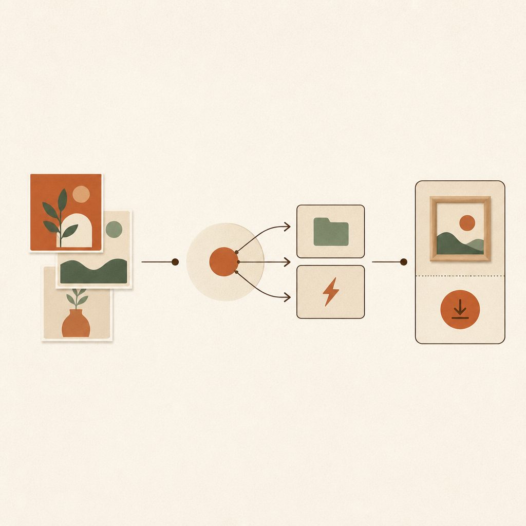 Flow diagram: clipart and wall art files pass through a RatioReady hub into Google Drive and a webhook, then into an Etsy digital download listing.