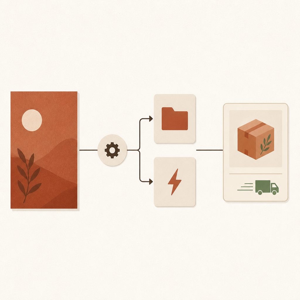 Flow diagram: a poster file passes through a RatioReady hub into Google Drive and a POD webhook, then into an Etsy physical listing with a shipping profile.