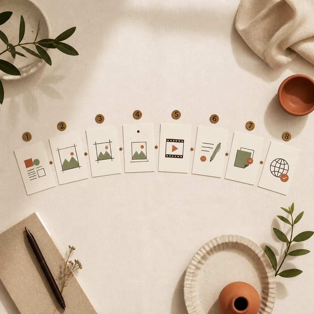 Eight stations from design to publish. Most shops stall at stations 3–7 — the manual prep stations between art and Etsy. Ratio Ready replaces those six stations with one upload, leaving you the design station and the publish click.
