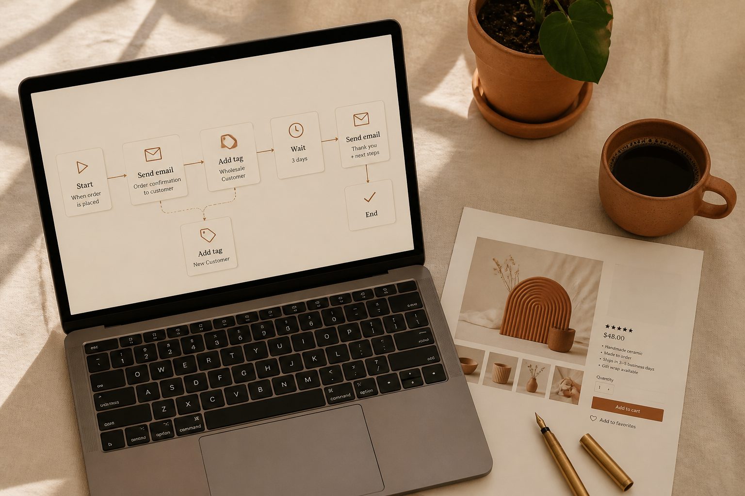 Stop publishing manually. Connect Ratio Ready to Make.com once and every new design becomes a draft Etsy listing — files, mockups, video, and copy attached.