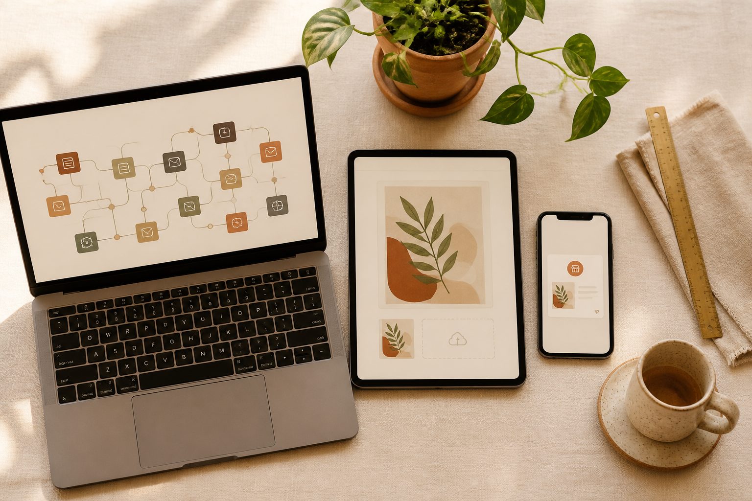 Editorial overhead flat-lay: a desk with a laptop showing an automation flow, an iPad showing the Ratio Ready upload screen, a phone showing an Etsy draft notification, warm linen, terracotta plant, brass ruler