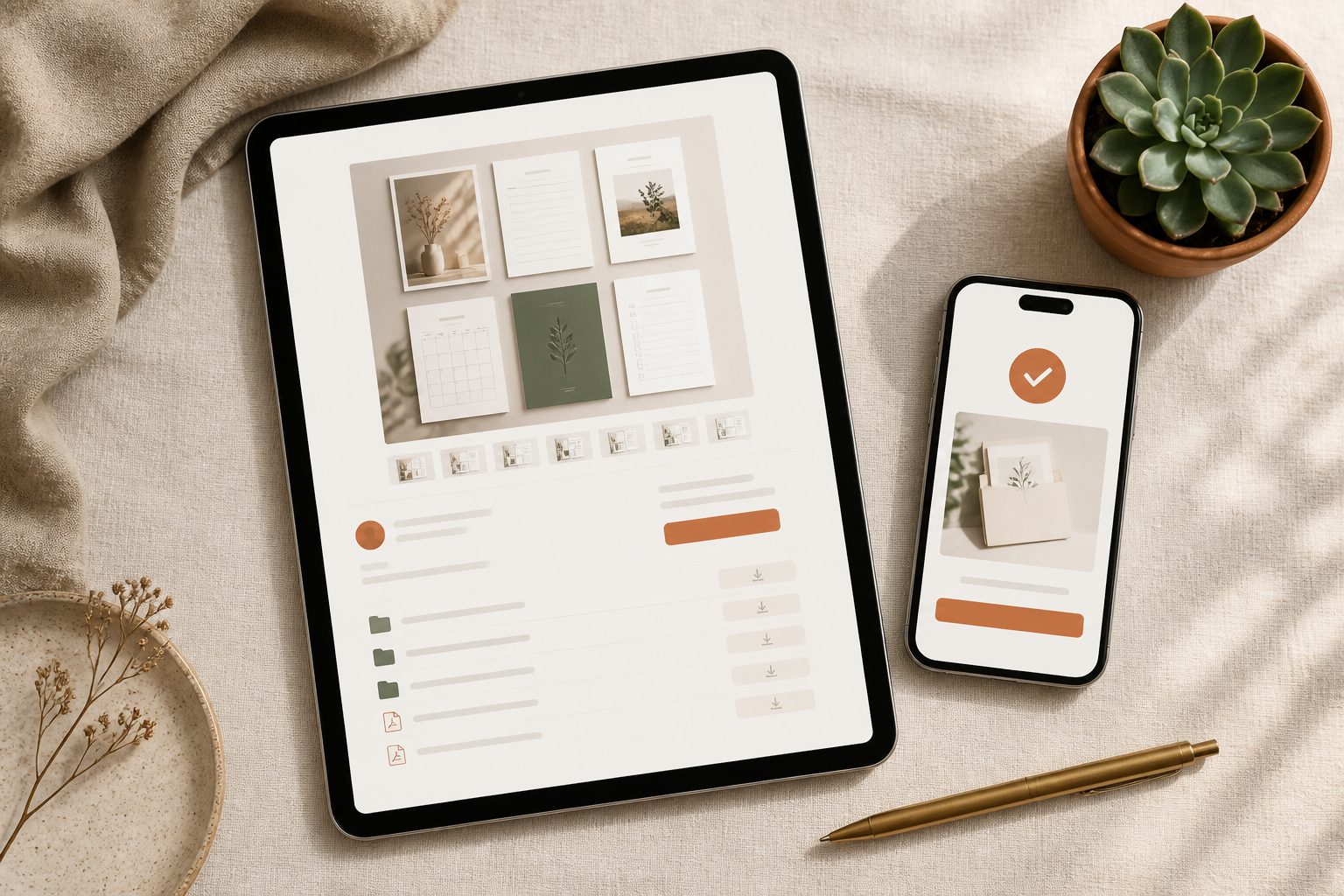 Editorial workspace: iPad showing an Etsy digital download listing with files and mockup grid, phone showing customer's thank-you download page, warm linen, brass pen, sage plant