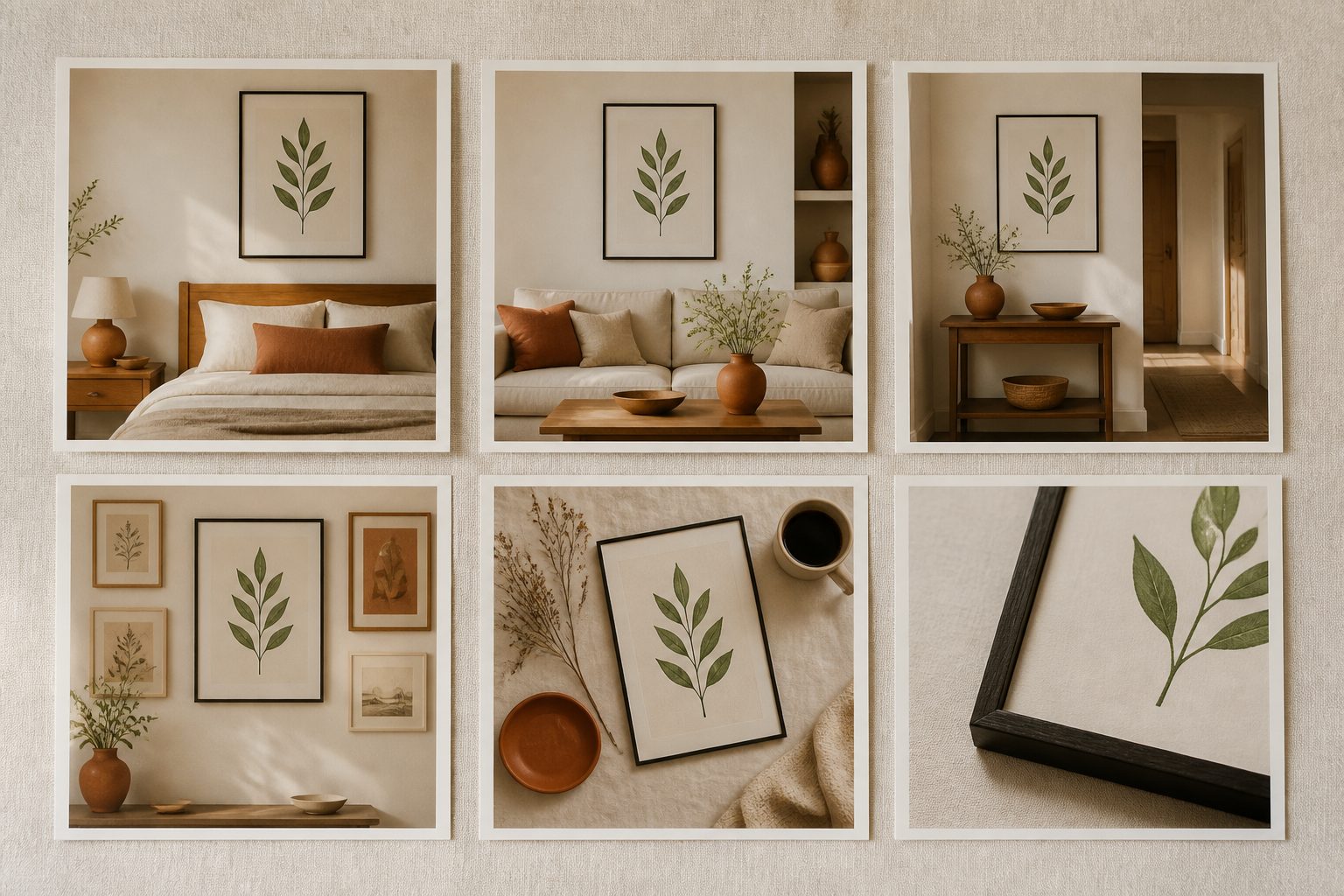A 3x2 grid of wall-art mockup thumbnails on warm linen — same botanical wall art design composited into 6 different room scenes (bedroom, living room, hallway, gallery wall, styled flat-lay, frame close-up)