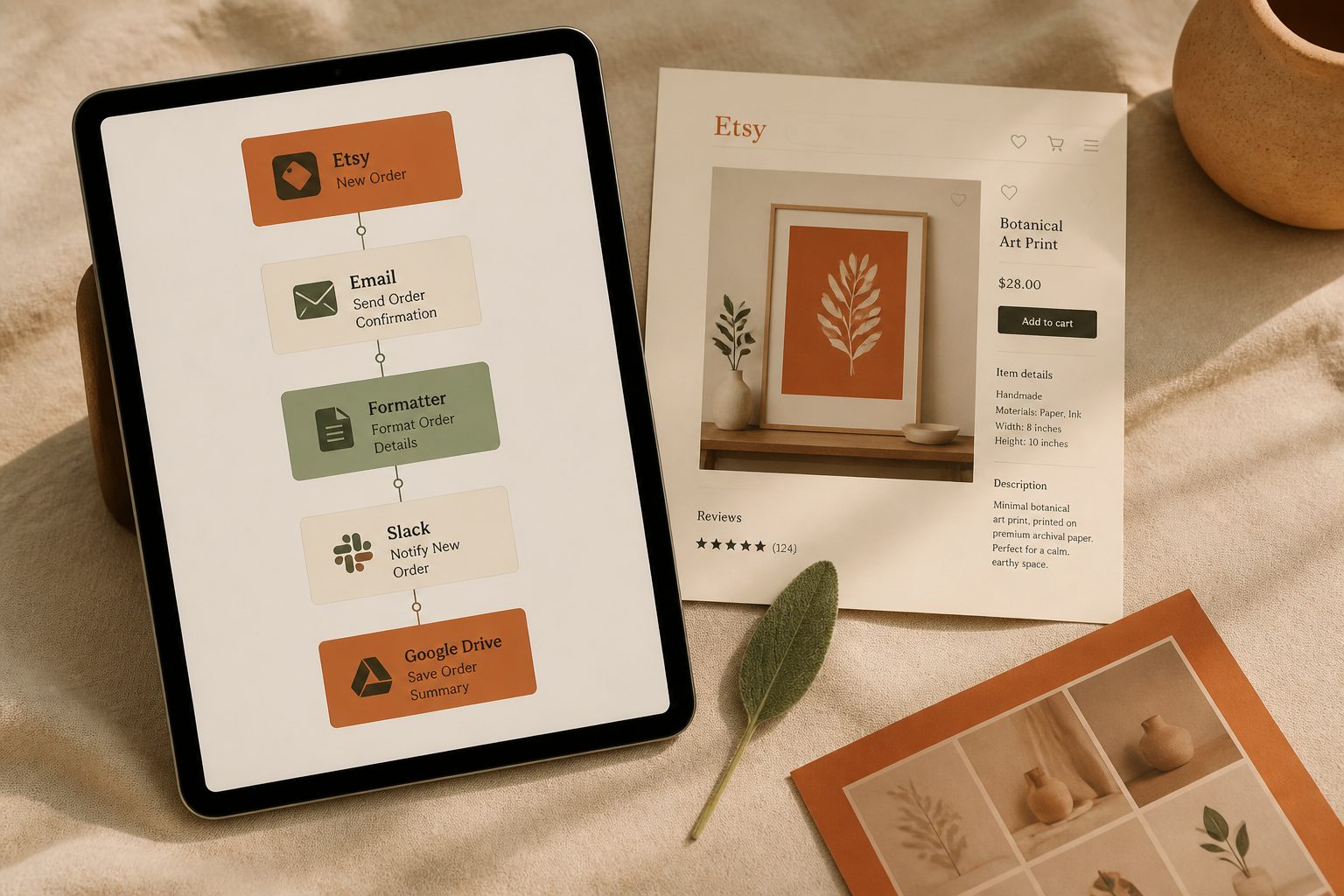 Editorial workspace shot: iPad propped on linen surface showing Make.com process flow with cards representing modules, beside a printed Etsy product page, sage green leaf accent, mockup print sheet — warm-editorial style