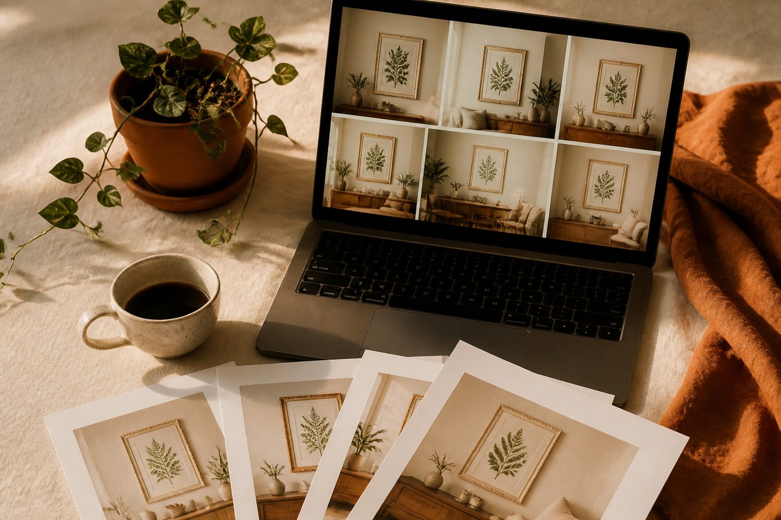 Grid of Etsy wall art lifestyle mockups generated automatically by Ratio Ready — botanical prints composited into warm room scenes, arranged on a linen flat-lay alongside a terracotta plant