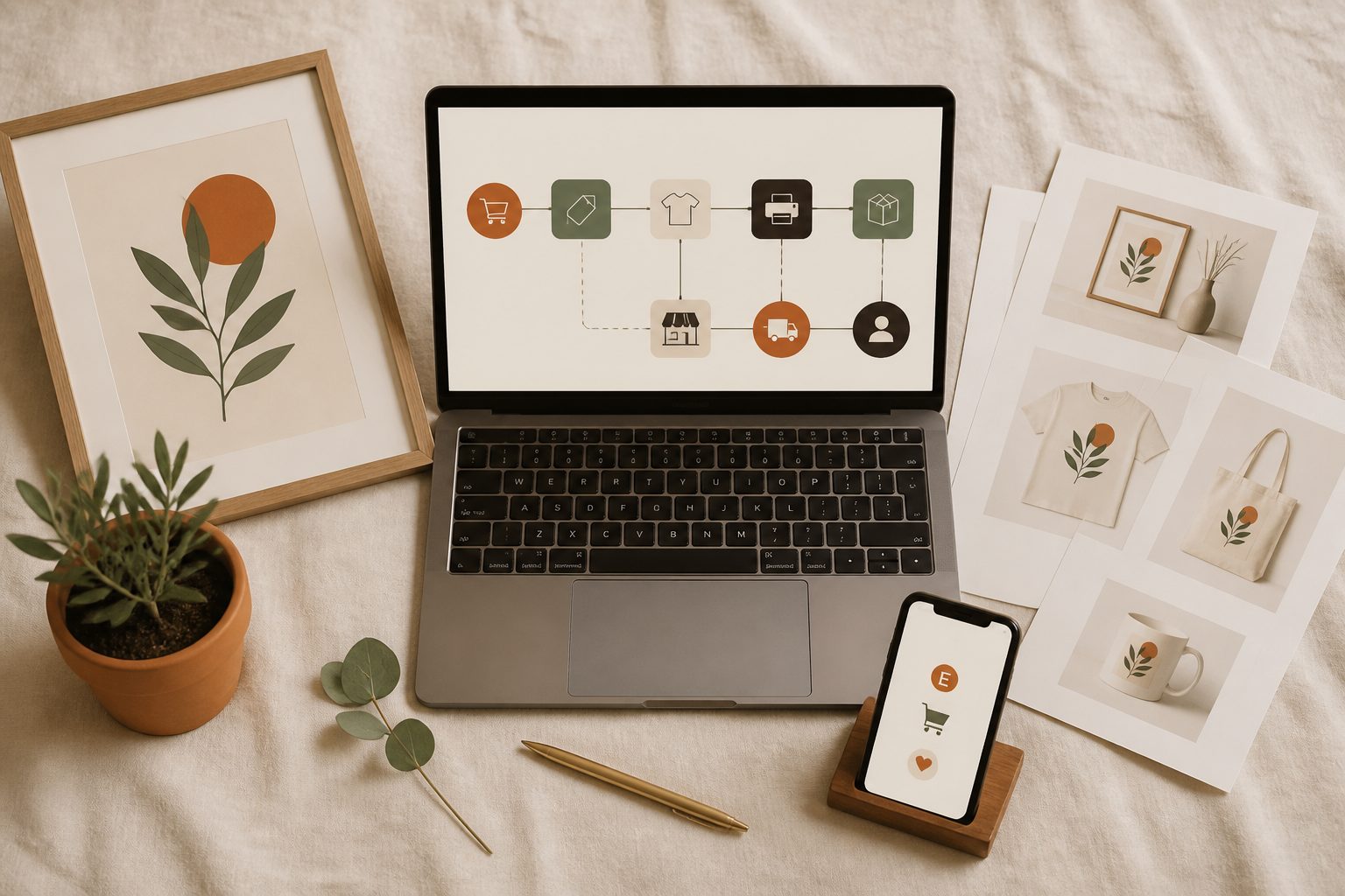 Editorial overhead flat-lay portraying the full POD automation stack: laptop with workflow diagram, printed wall art, mockup sheets, phone with Etsy notification, brass pen, terracotta plant, sage leaf