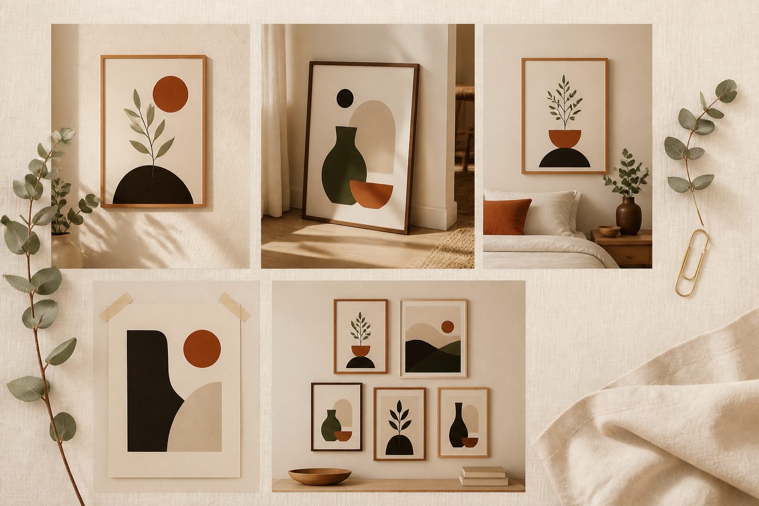2:3 portrait and 3:2 landscape mockups — framed, propped, taped, gallery-walled. The lifestyle shots that turn a flat poster file into something a buyer can imagine on their wall. Posters are physical Etsy products — pair with a shipping profile in your Make.com scenario.