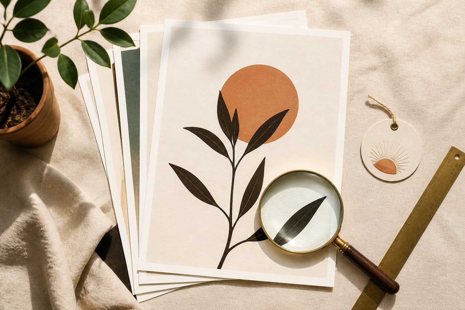 Editorial overhead flat-lay: stack of pristine printed wall art and poster files on warm linen, magnifying glass showing pixel-level sharpness, 300 DPI label, brass ruler, terracotta plant