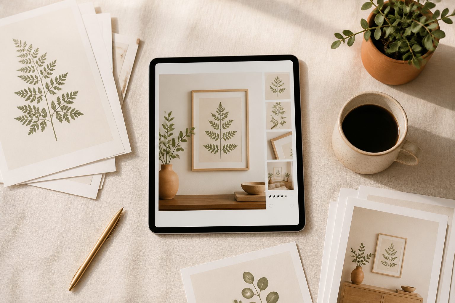 Editorial overhead flat-lay portraying an Etsy seller's workspace — iPad showing a finished wall art listing, tidy stacks of mockup sheets, coffee, brass pen, terracotta plant, warm linen surface