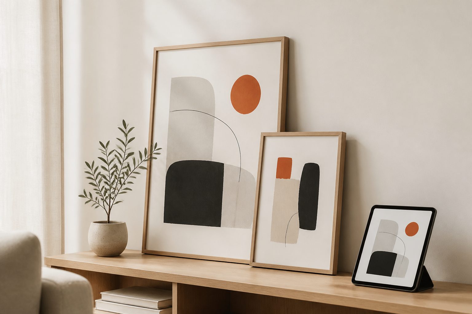 Upload one design. Ratio Ready returns lifestyle mockups for your product gallery, print-ready files at 300 DPI for the digital download or your POD app, a 15-second video, and starter copy — in minutes.