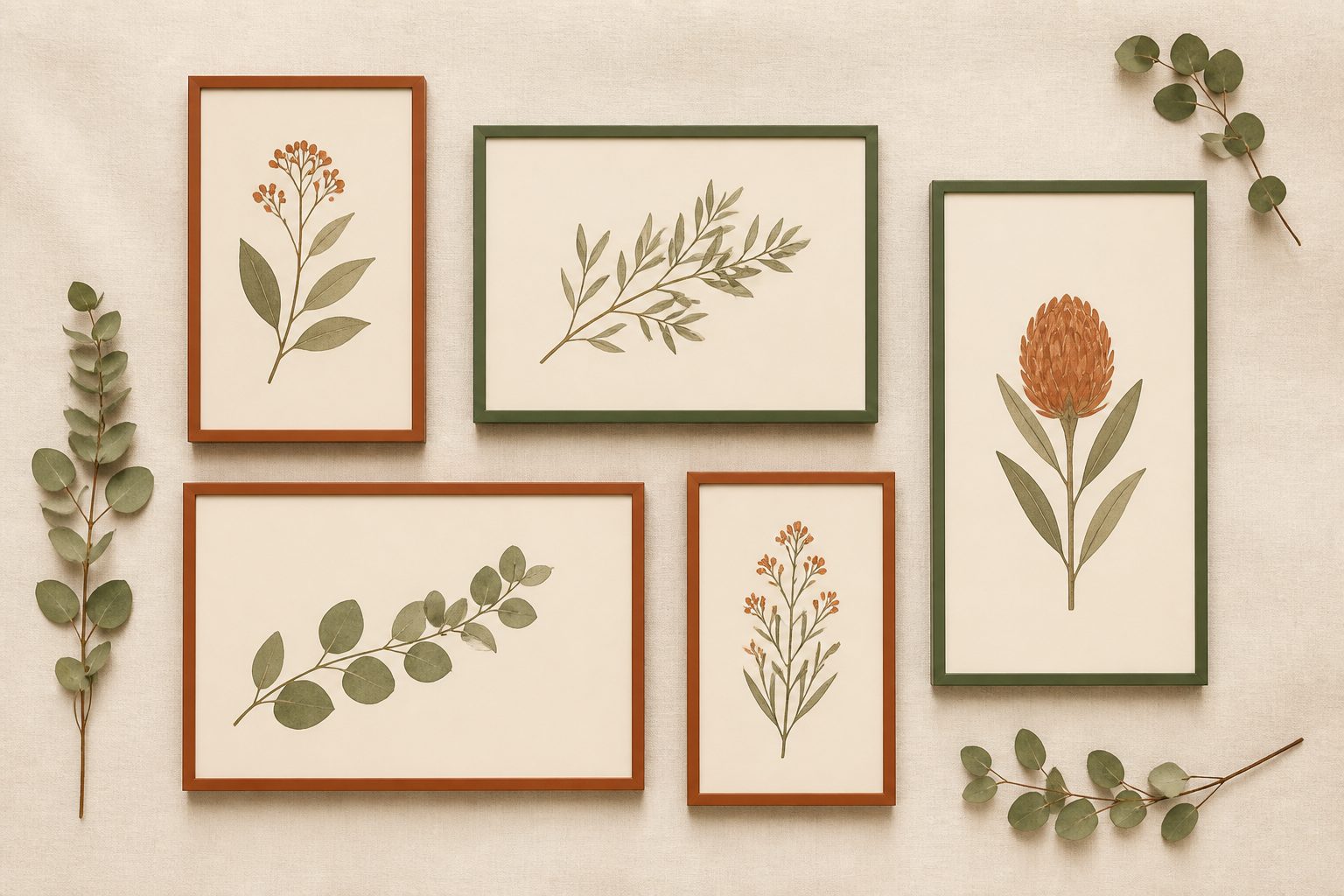 Editorial display of wall art prints in 5 different aspect ratios on warm linen — portrait and landscape mix, terracotta and sage frames, botanical prints