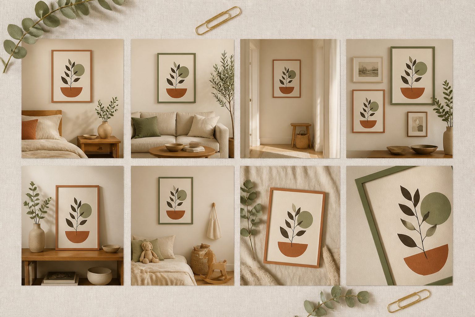 Lifestyle mockups in real interior settings — bedroom, living room, hallway, gallery wall, styled flat-lay, frame close-up. 100+ curated templates plus your own PSDs (Growth: 60 custom, Pro: 120). Up to 20 composited mockups per listing.