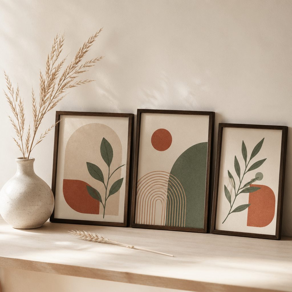 Frame from a 1:1 listing video: a botanical wall-art print presented in three lifestyle scenes — warm bedroom, kitchen wall, gallery hallway