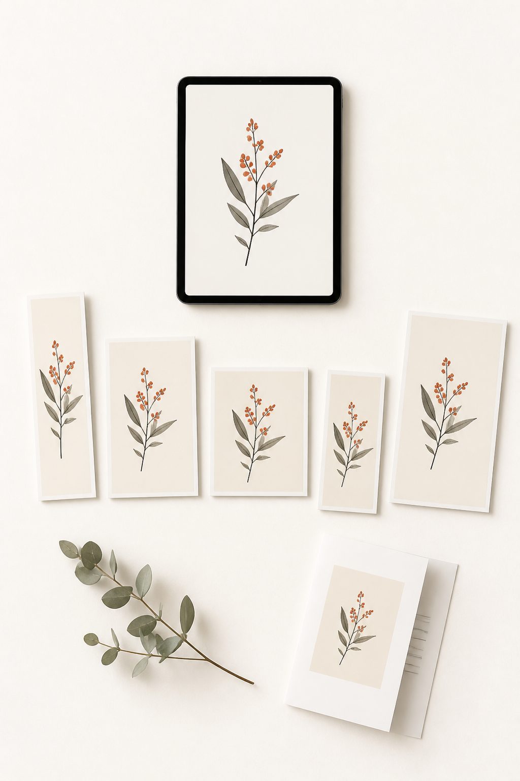 Etsy listing kit from one upload: an iPad showing a wall art design alongside five print-ready ratio files, lifestyle mockups, and a listing PDF on a warm cream desk — the complete output Ratio Ready produces in minutes.