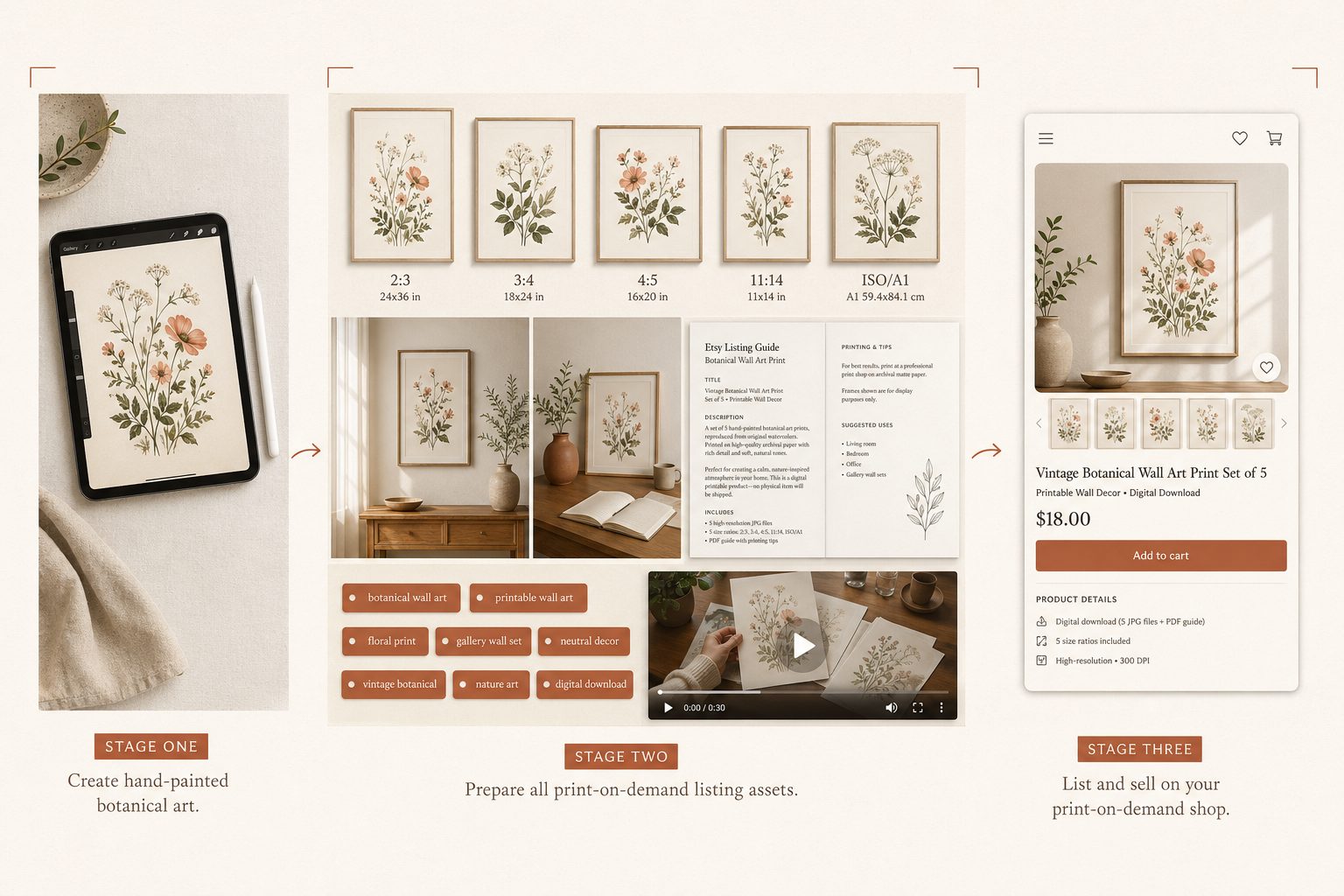 Three-stage diagram: a botanical wall-art design on an iPad on the left, the processed outputs (five framed prints in different ratios, mockups, an Etsy listing PDF, a video frame) in the middle, and a finished Etsy-style listing page on the right — connected by terracotta arrows showing the flow from design to live listing.