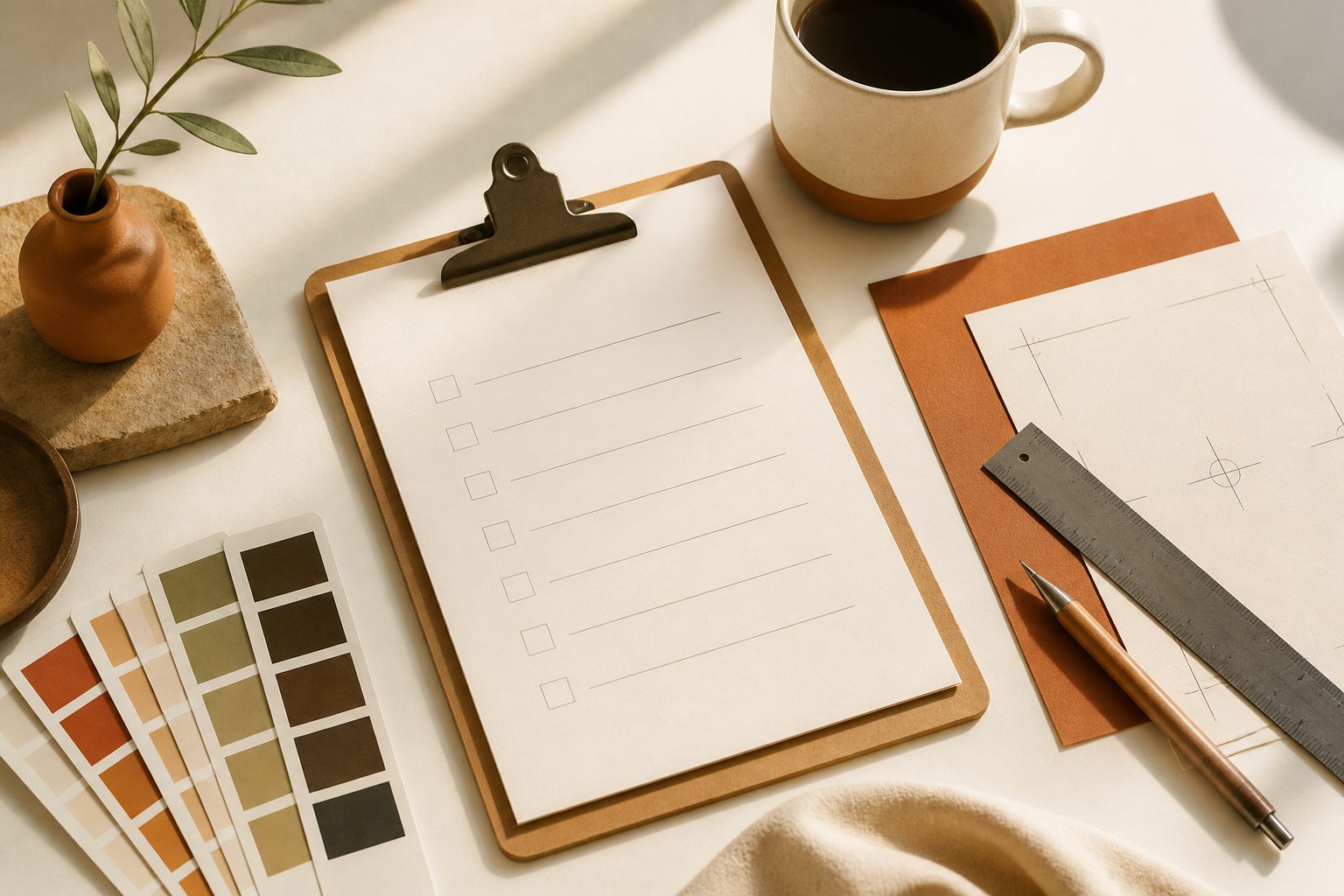 Organized print studio workspace with a checklist on clipboard, color swatches, ruler, crop marks template, and a warm mug