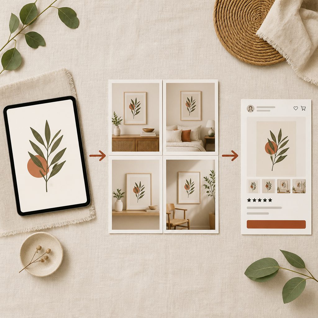Three-step flow diagram: design file arrow to grid of composited mockups arrow to Etsy listing draft — warm editorial style with terracotta accents