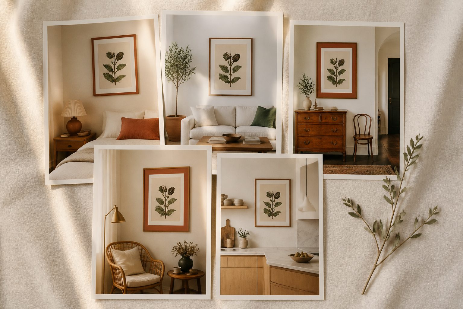 Six lifestyle mockup thumbnails of the same botanical wall art design — bedroom, living room, hallway, gallery wall, styled flat-lay, and frame close-up — generated automatically by Ratio Ready